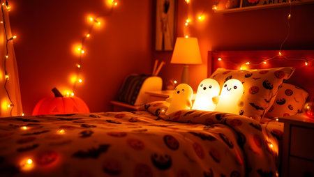 Halloween decoration with candles and ghosts on bed in red room.の素材