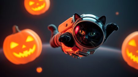 Halloween movie camera with black cat and jack o lantern. 3d renderingの素材