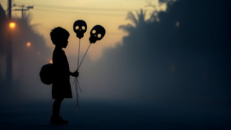 Halloween concept. Silhouette of a little boy with skull and crossbones on the street.の素材
