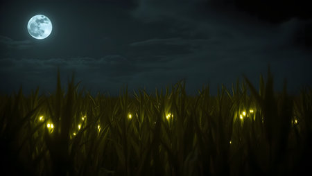 Full moon over green grass field at night. Realistic 3d renderの素材