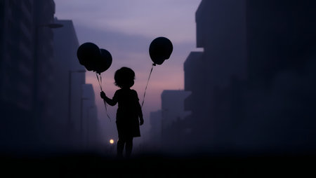 Silhouette of a little girl with balloons in the city at sunsetの素材