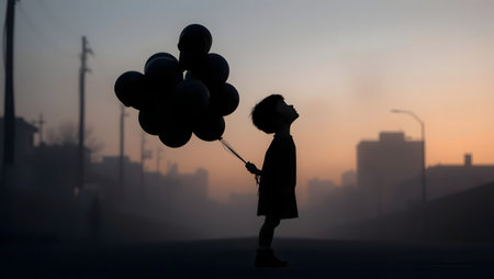Silhouette of a boy with balloons in the city at sunsetの素材