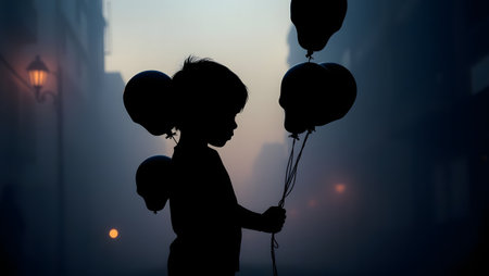 Silhouette of a child holding balloons in the city at nightの素材