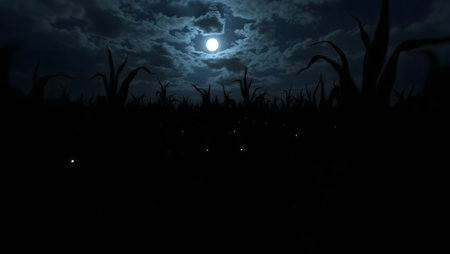 corn field at night with full moon. 3d render illustration.の素材