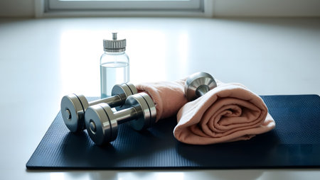 Dumbbells, towel and bottle of water on fitness matの素材
