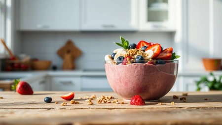 Healthy breakfast bowl with yogurt, berries and granola on wooden tableの素材