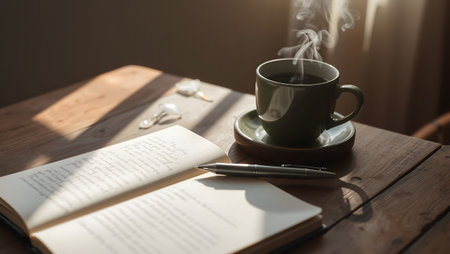 Coffee cup with book and pen on wooden table at morningの素材