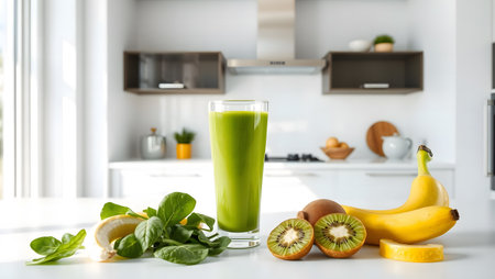 Glass of tasty smoothie and ingredients on white table in modern kitchenの素材