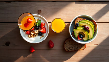 Healthy breakfast with oatmeal, berries, fruits and juice on wooden tableの素材
