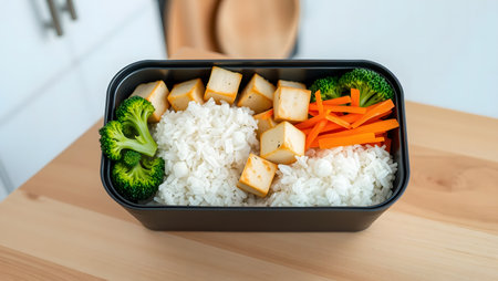 Healthy lunch box with tofu, rice and vegetables on wooden tableの素材