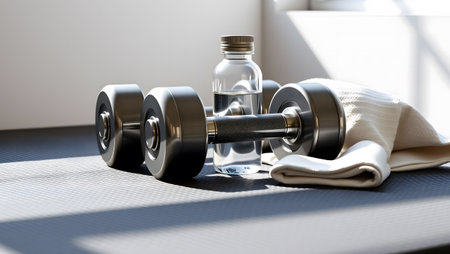 Dumbbells and a bottle of water on a yoga matの素材