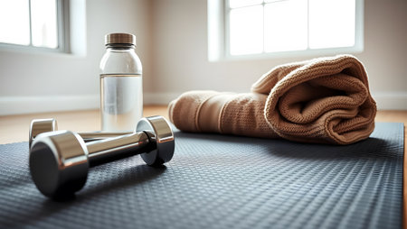 Dumbbells, towel and bottle of water on yoga mat in roomの素材