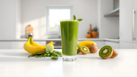 Glass of tasty smoothie with kiwi and banana on table in kitchenの素材