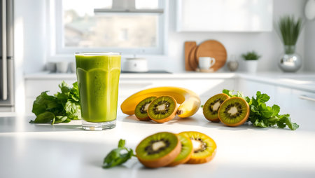 Healthy green smoothie with kiwi and banana on kitchen tableの素材