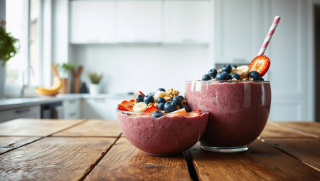 Healthy breakfast bowl with oatmeal, berries and yogurt on wooden tableの素材