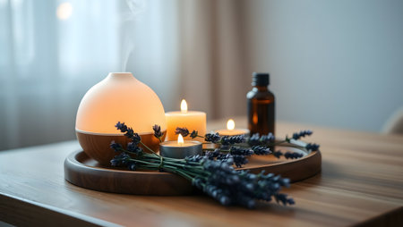 Burning candles, lavender flowers and bottles with essential oil on wooden tableの素材