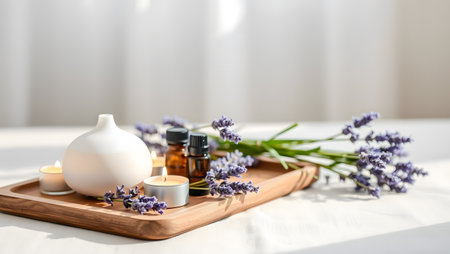 Bottles of essential oil and lavender flowers on wooden tray on tableの素材