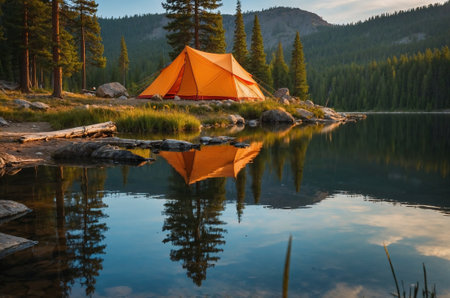 Orange tent on a lake in the mountains. Camping in the mountains.の素材