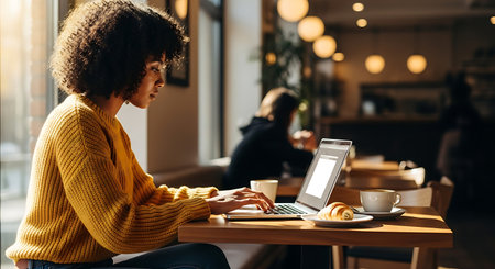 Attractive african american woman using laptop while sitting in cafeの素材