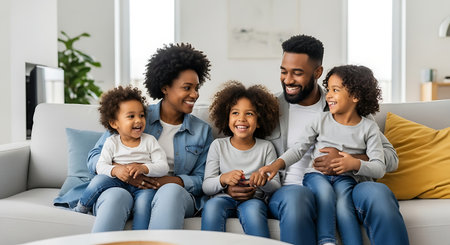 happy african american family sitting on sofa at home in living roomの素材