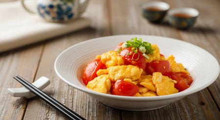 Omelet with tomato and onion in a bowl on wooden tableの素材