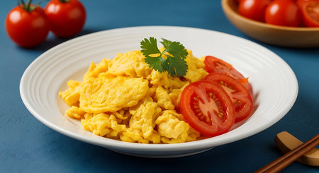 Scrambled eggs with tomato and parsley on blue background.の素材