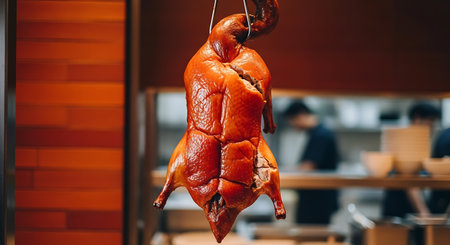 Close up of a grilled chicken hanging on a hook in a restaurantの素材