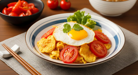 Fried egg with omelet and tomato on plate, closeupの素材
