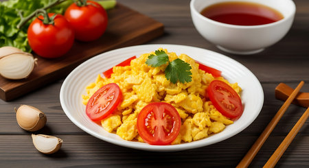 Breakfast. Scrambled eggs with tomato and parsley on wooden backgroundの素材