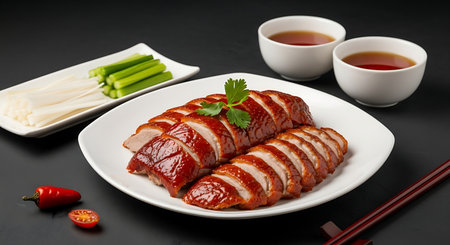 Roast duck on white plate with soy sauce, vegetables and chopsticksの素材