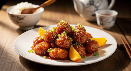 Sweet and sour pork balls in sweet and sour sauce with sesame seedsの素材