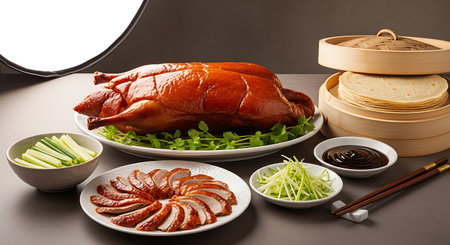 Peking duck with vegetables and sauce on the table in the restaurantの素材