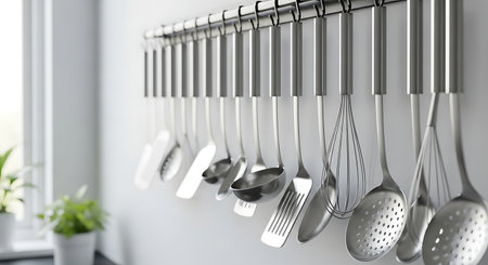 Stainless steel kitchen utensils hanging on hooks. 3d renderingの素材