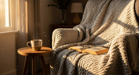 Cozy home interior with cozy armchair, coffee cup and bookの素材
