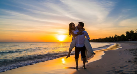 happy young couple in love have fun running and relaxing on beautiful beach at beautiful sunsetの素材