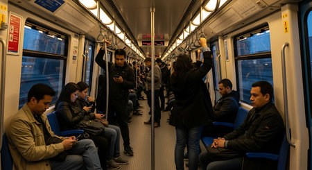 Passengers in Milan Metro. Milan Metro is the world's longest fully automated metro network (75 km).の素材