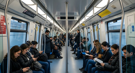 Passengers inside Mass Rapid Transit MRT train. Mass Rapid Transit MRT is a rapid transit system in Kuala Lumpur, Malaysia.の素材