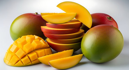 Mango fruit on a white background. Mango slices and mango cubes.の素材
