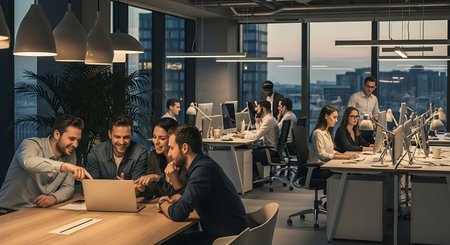Group of young business people in smart casual wear working together in a modern office.の素材