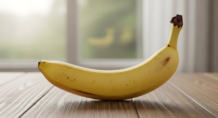 Banana on a wooden table with a window in the background.の素材