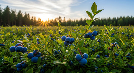 Blueberries ripening on the field in the forest at sunset.の素材