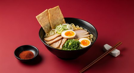 Japanese ramen noodle soup with chicken and egg on red backgroundの素材