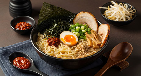 japanese ramen noodle with pork, egg and vegetablesの素材
