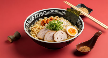 japanese ramen noodle with pork and egg on red backgroundの素材