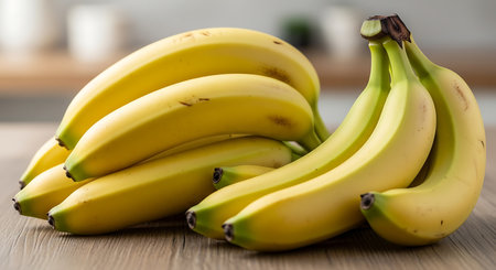 Bunch of bananas on wooden table, close-up, selective focus.の素材