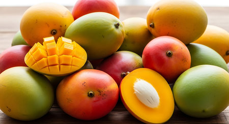 Mango fruit on wooden table. Mango fruit on wooden backgroundの素材