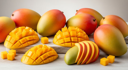 Mango fruit on white wooden table. Mango fruit background.の素材