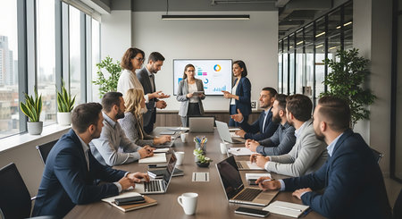 Group of business people having a meeting in modern office. Businessman giving presentation to his colleagues.の素材