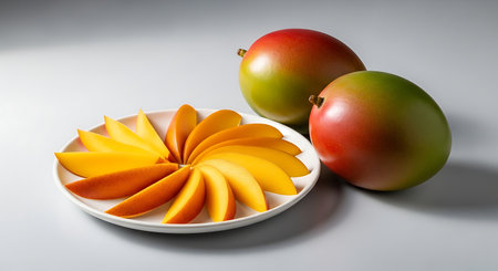 Mango and mango slices on a white plate with copy space.の素材