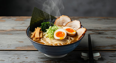 Japanese ramen noodle soup with pork and egg on wooden tableの素材